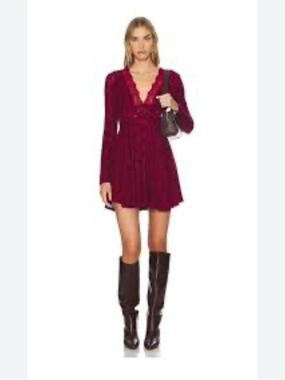 Free People Burgundy Long-Sleeve V-Neck Mini Dress
